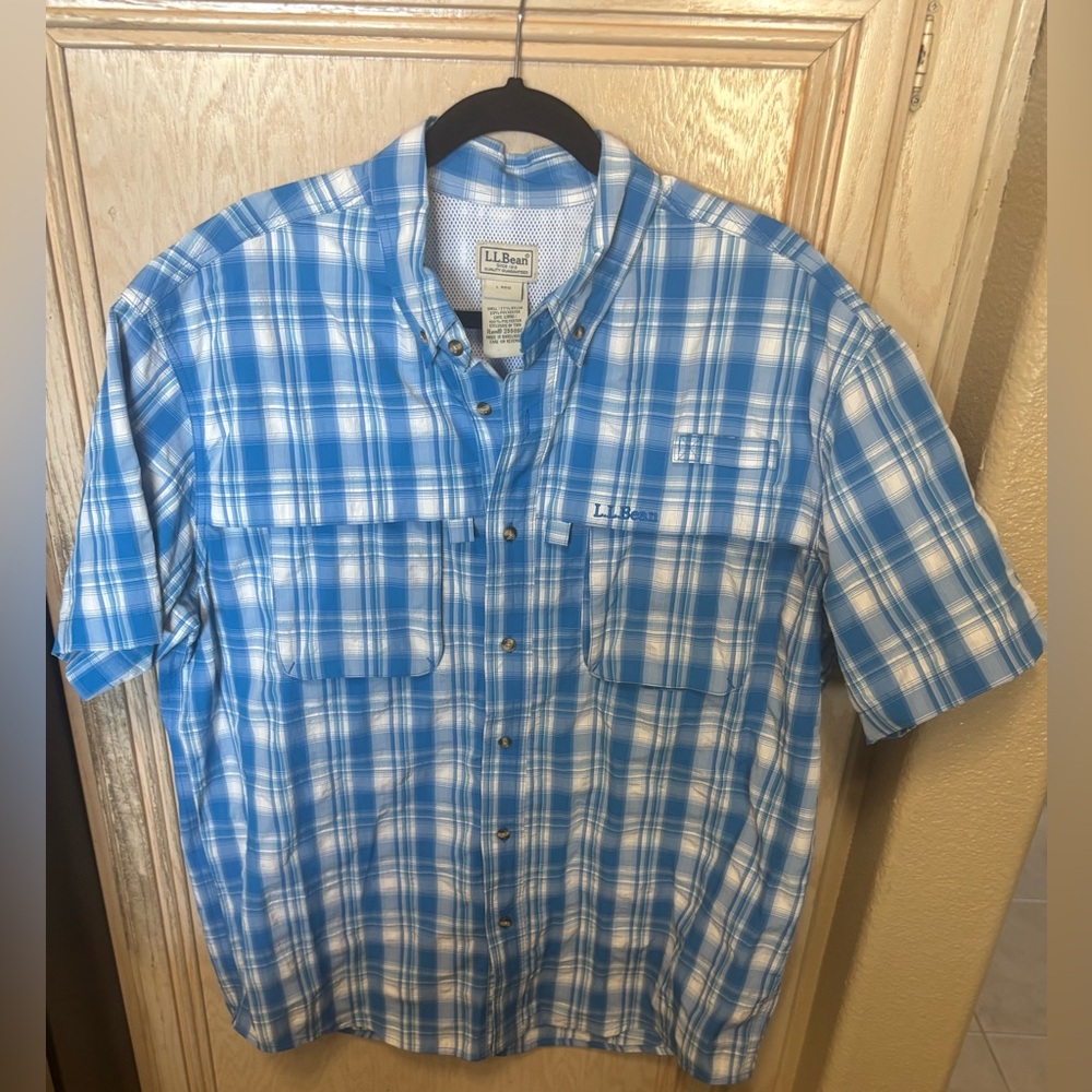 LL Bean Mens Large Shirt Blue Plaid Fast Dry Vented Button Up Fishing Hiking